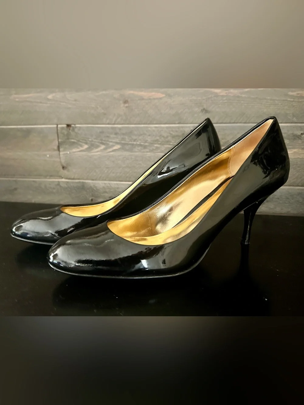 Coach Black Patent Leather High-Heel Pumps with Gold Insole • Size 7.5 • EUC